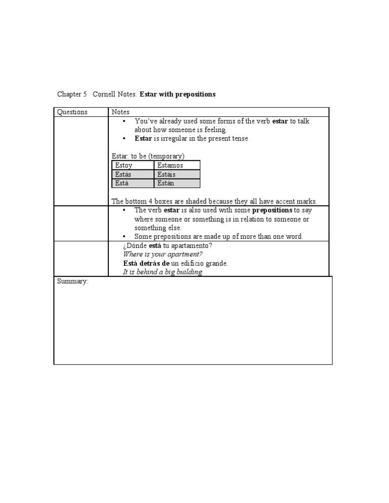 Cornell Notes Estar With Prepositions Languages Language Arts Discipline