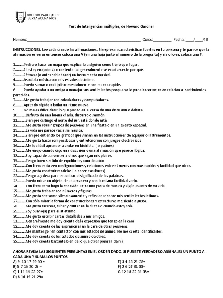 Test de Inteligencias Múltiples para Niños | PDF | Sicología