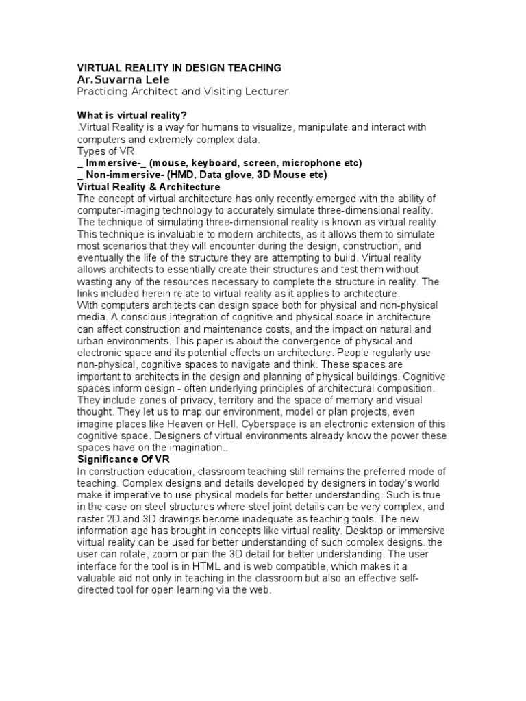 Virtual Reality in Design Teaching-1 | PDF | Virtual Reality | Simulation