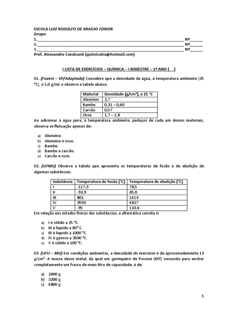 Lista de Exercícios de Química para o 1º Ano - 1º Bimestre | PDF ...