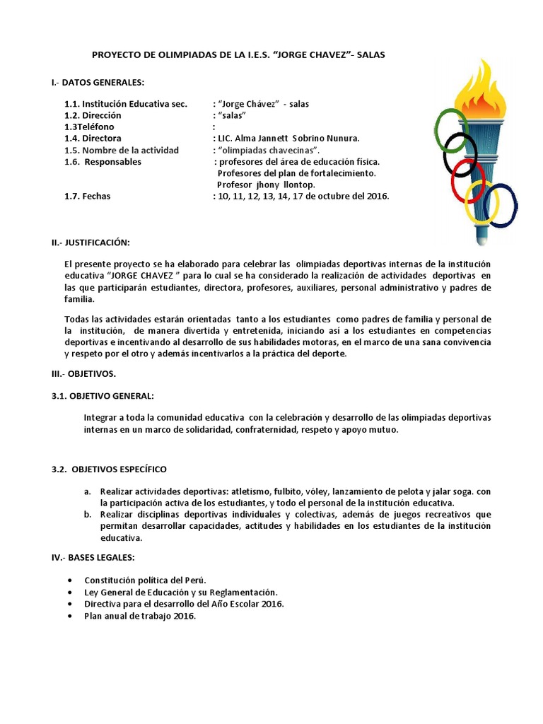 Proyecto de Olimpiadas.  Jorge Chavez | PDF | Ocio | Maestros