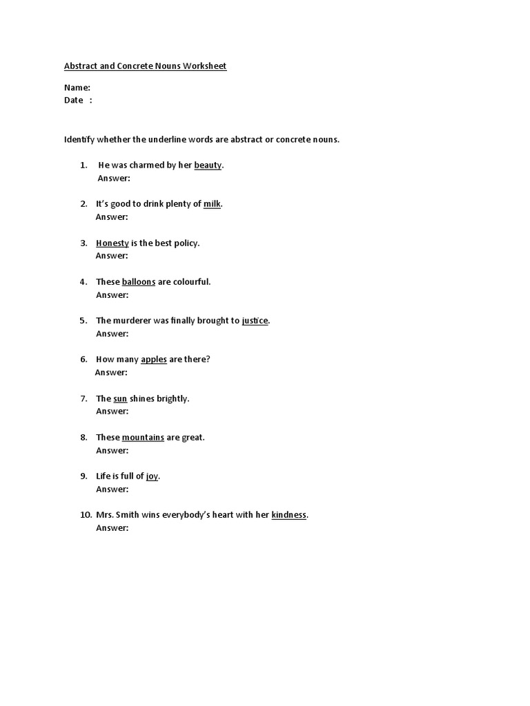 Abstract and Concrete Nouns Worksheet PDF
