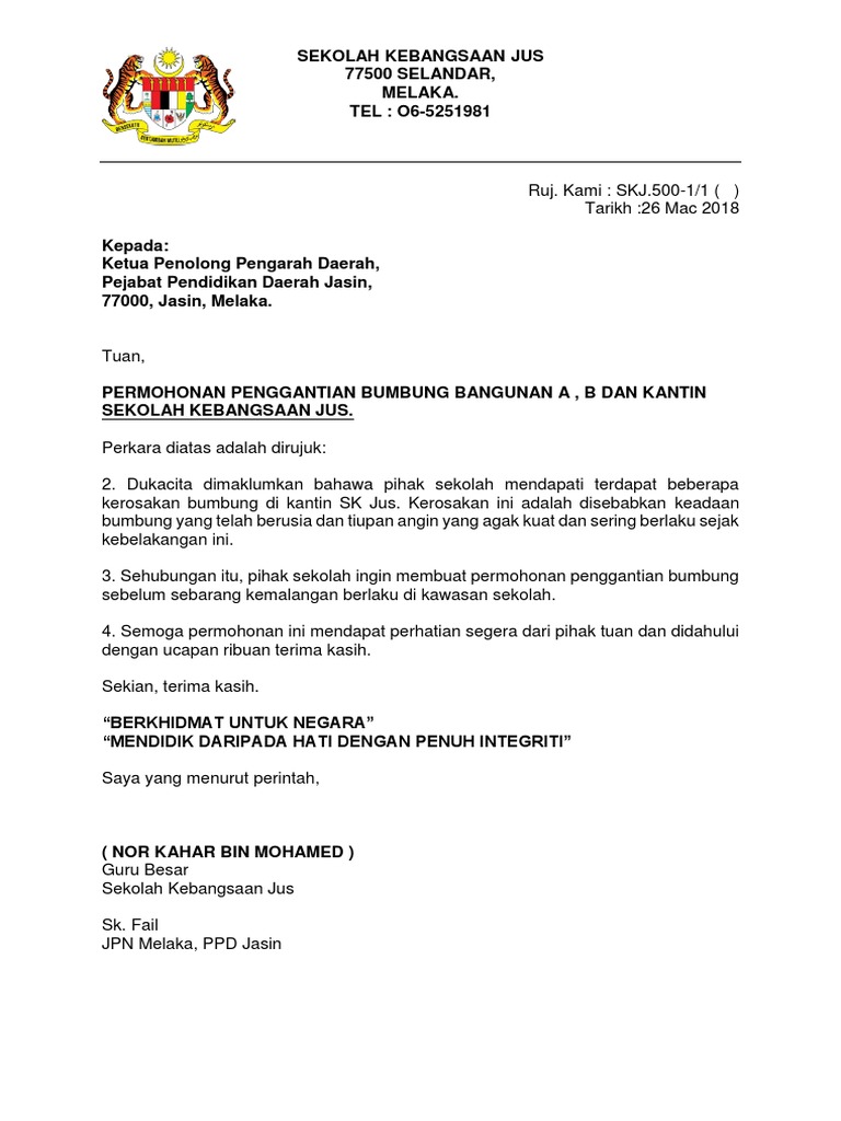 Contoh Surat Makluman Pembinaan Bumbung Di Hadapan Sekolah