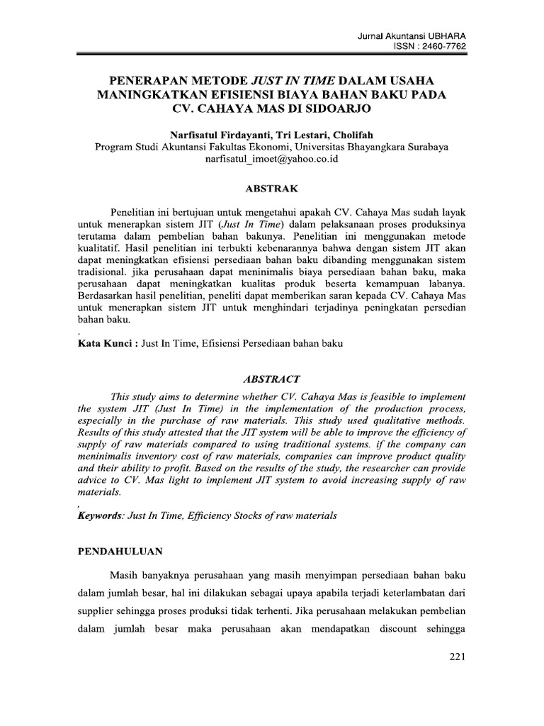 Penerapan Metode Just in Time Dalam Usaha Meningkatkan Efisiensi Biaya ...