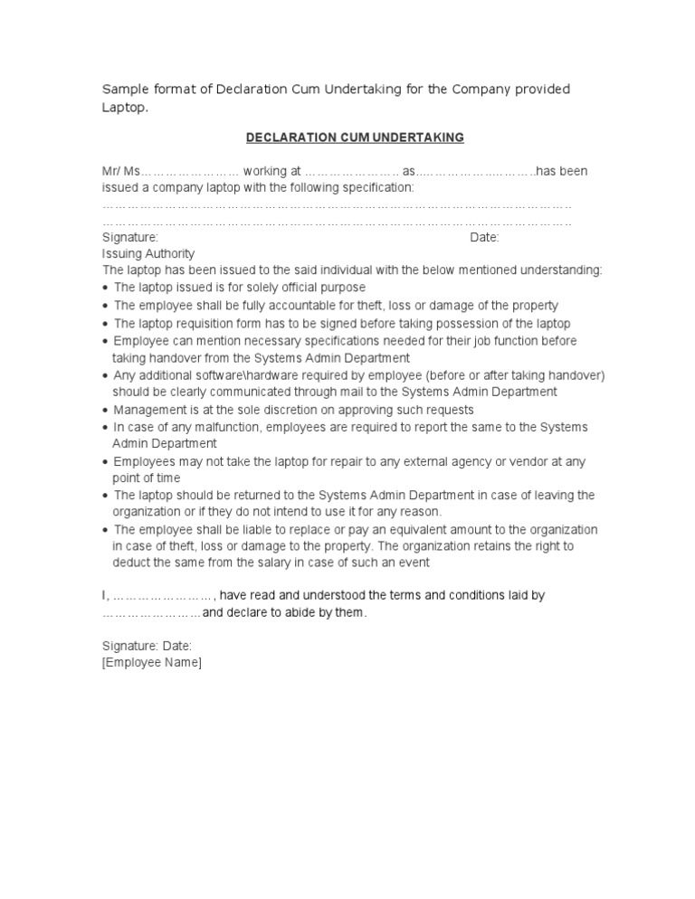 Declaration Cum Undertaking For The Company Provided Laptop | PDF 