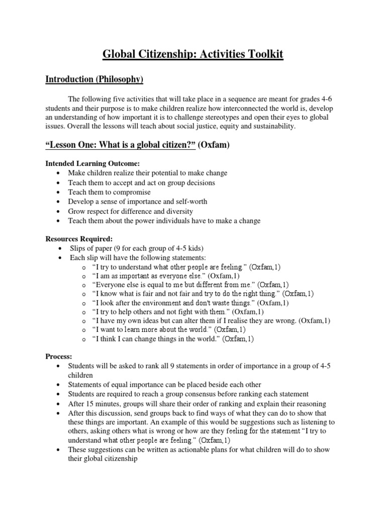 Global Citizenship Activities for Kids | PDF | Sustainability ...
