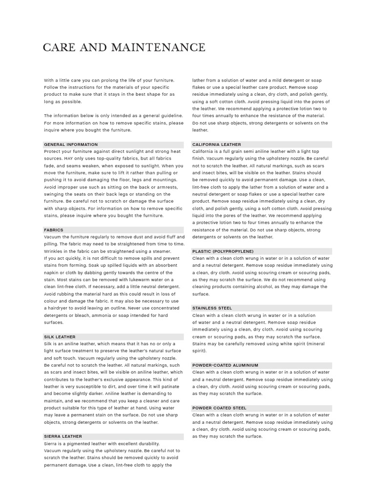 Hay Furniture Care Guidelines | PDF | Soap | Leather