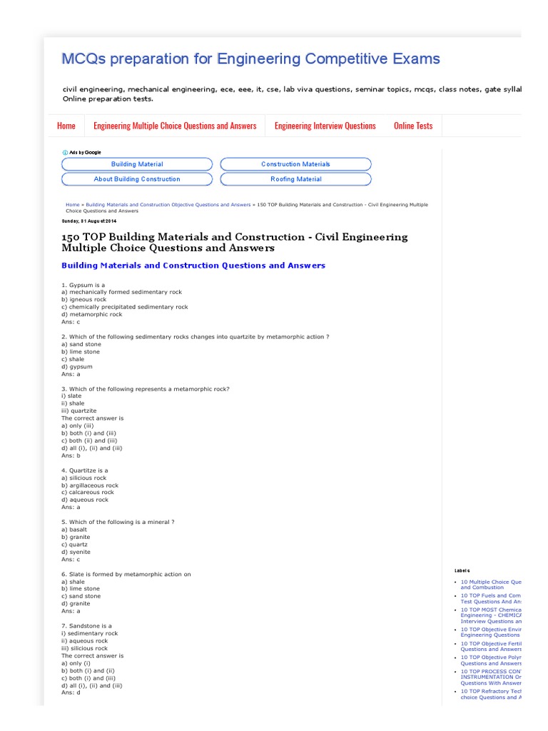 150 TOP Building Materials and Construction Civil Engineering Multiple Choice Questions and
