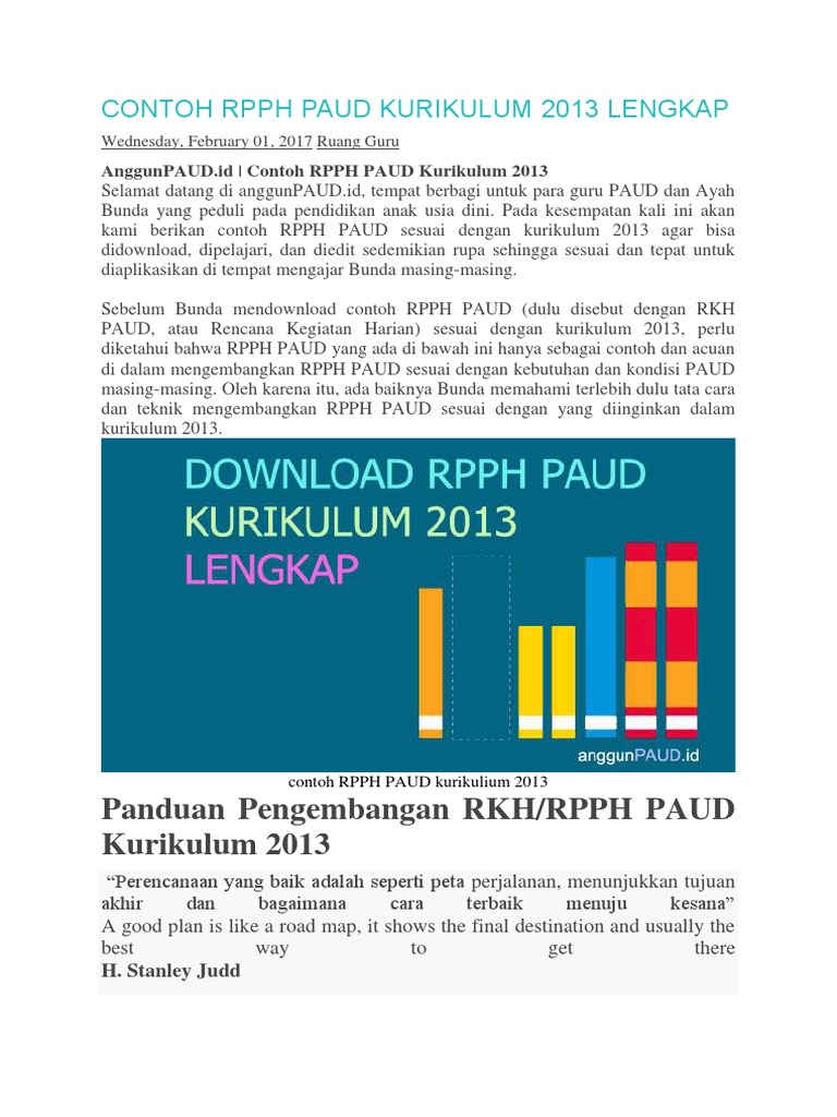 Contoh RPPH Paud Kurikulum 2013 Lengkap | PDF | Karier & Perkembangan ...