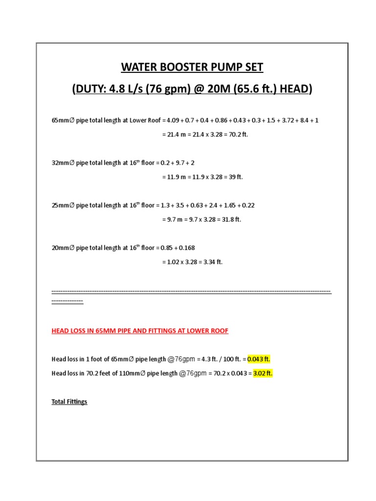 Booster Pump Head Loss Calculation PDF Pipe (Fluid Conveyance
