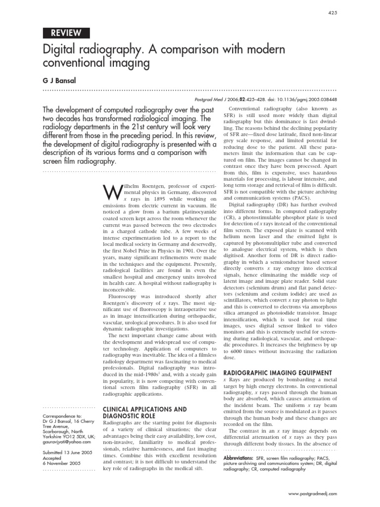 A Comparison of Digital Radiography and Conventional ScreenFilm