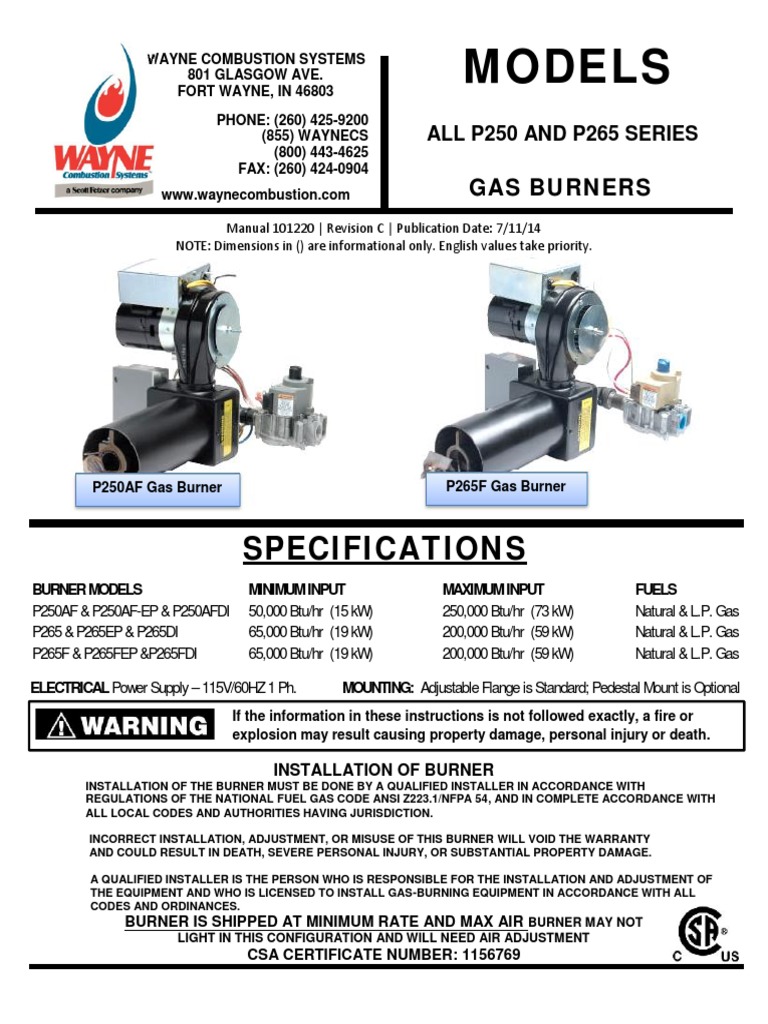Manual P250AF, P265F Gas Powered Burners English | PDF | Chimney | Furnace