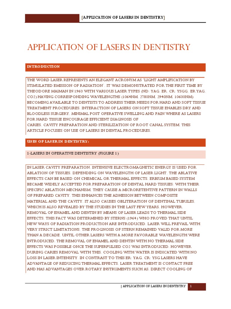Application of Lasers in Dentistry | PDF | Laser | Dentistry