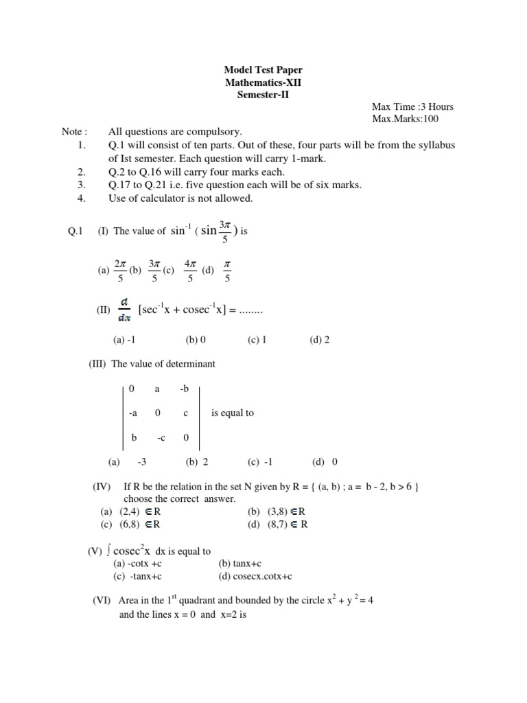 Model Test Paper MathematicsXII SemesterII PDF Plane (Geometry