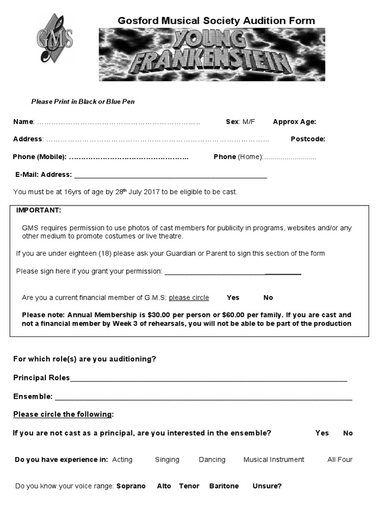 Young Frankenstein Audition Form PDF Audition Performing Arts