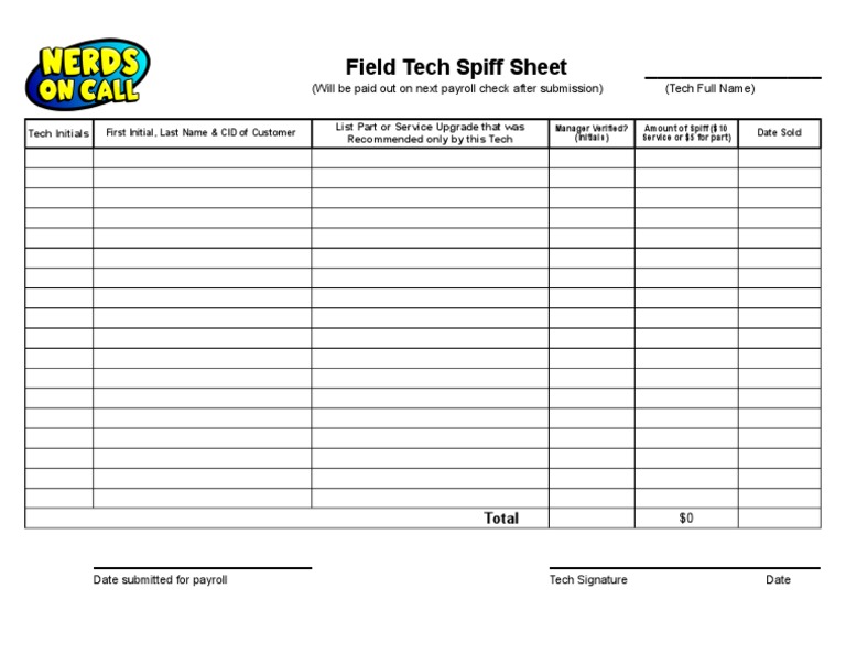 Field Tech Spiff Sheet Template | PDF