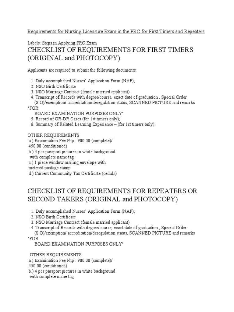 Requirements For Nursing Licensure Exam in The PRC For First Timers and