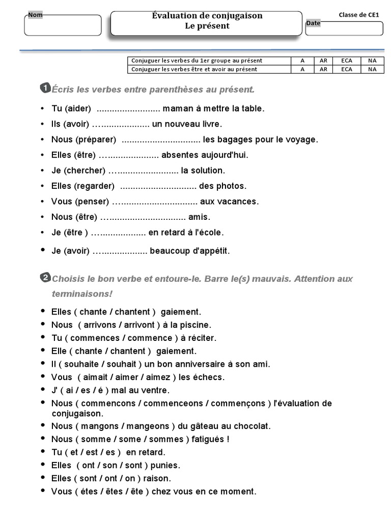 évaluation être Et Avoir Au Présent Ce1 Pdf Evaluation CE1 Present | PDF | Onomastique | Règles