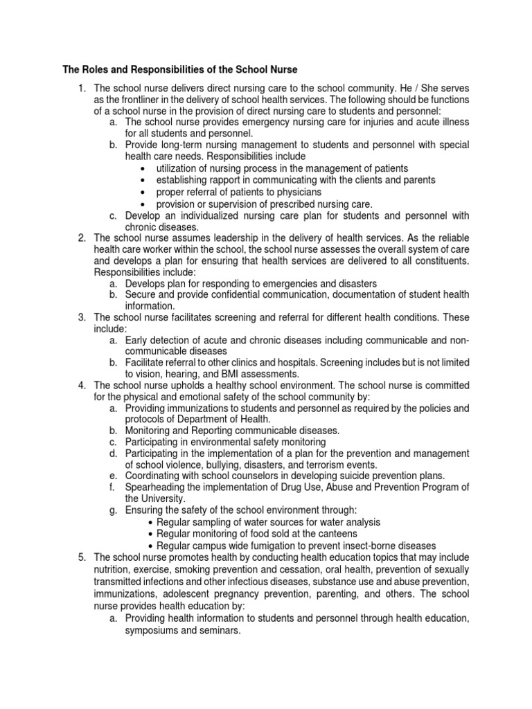 The Roles and Responsibilities of the School Nurse Preventive