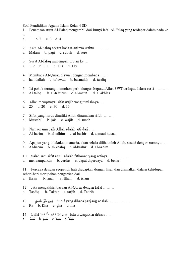 Soal Pendidikan Agama Islam Kelas 4 SD
