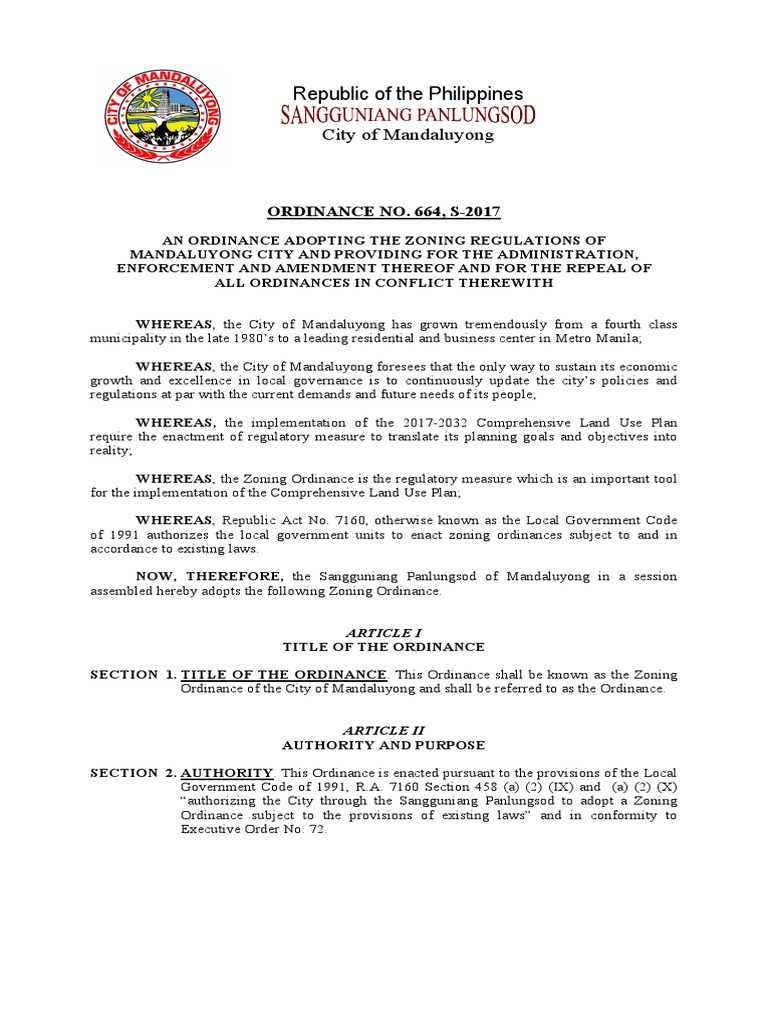 Mandaluyong 2017 Zoning Ordinance Final With Signature Building Zoning