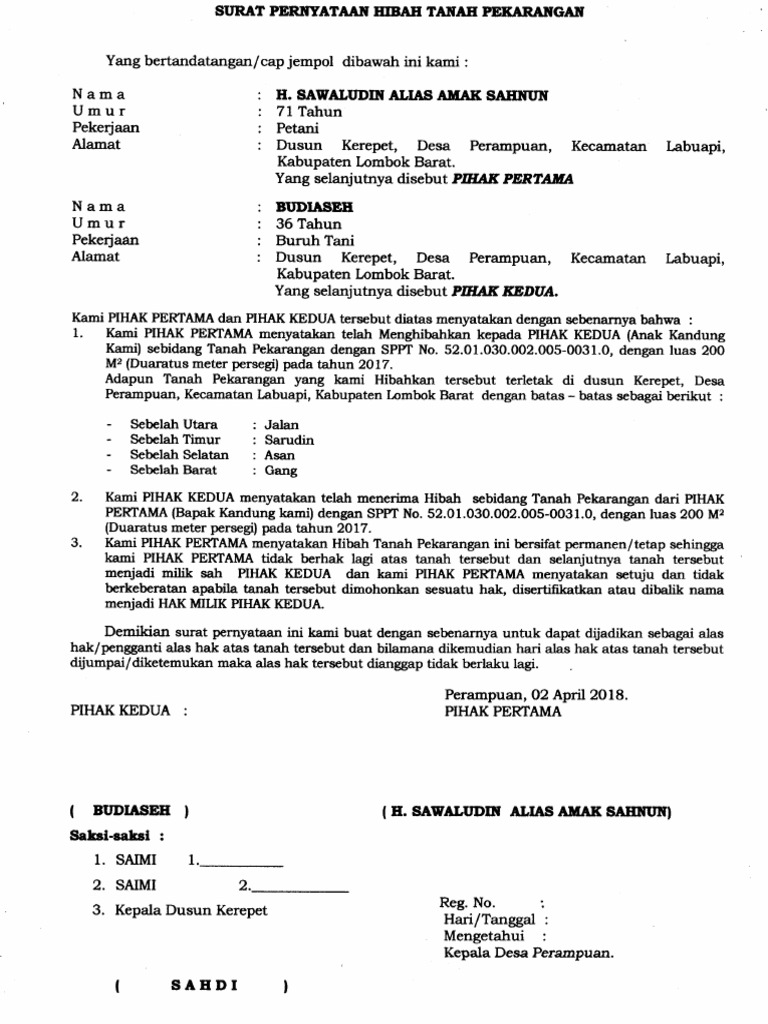 Contoh Surat Hibah Tanah | PDF