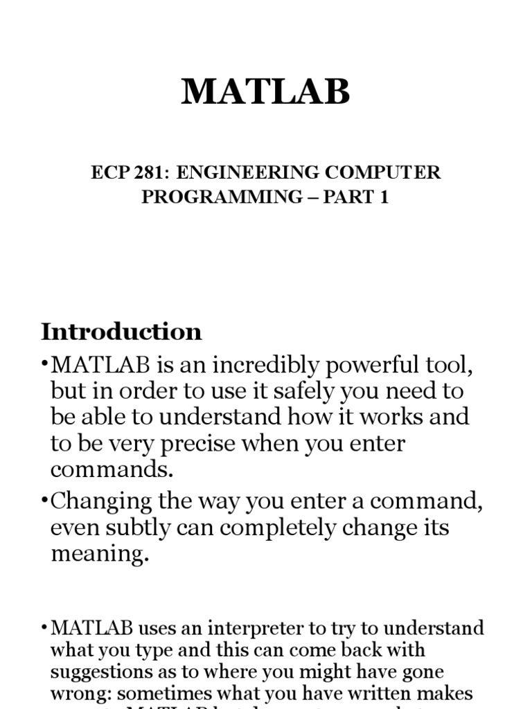 Ecp 281 - Matlab - Part 1 | PDF | Matrix (Mathematics) | Array Data ...