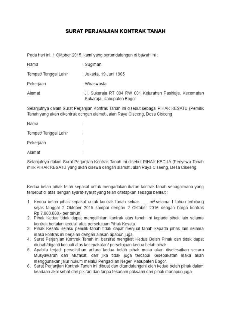 Surat Perjanjian Kontrak Tanah Kosong Doc Oleh karena itu setiap hal yang dirasa bisa menjadi bahaya atau merugikan lebih baik menggunakan perjanjian sebagai landasarnya.