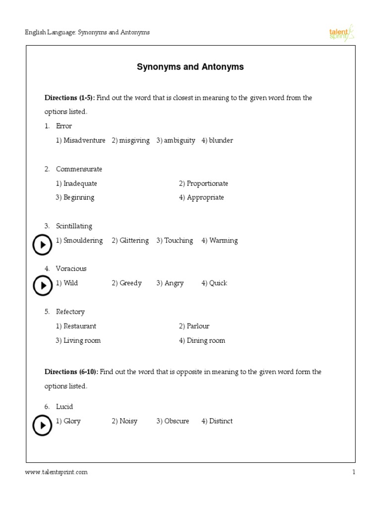 Synonyms and Antonyms Directions (15) Find Out The Word That Is Closest in Meaning To The