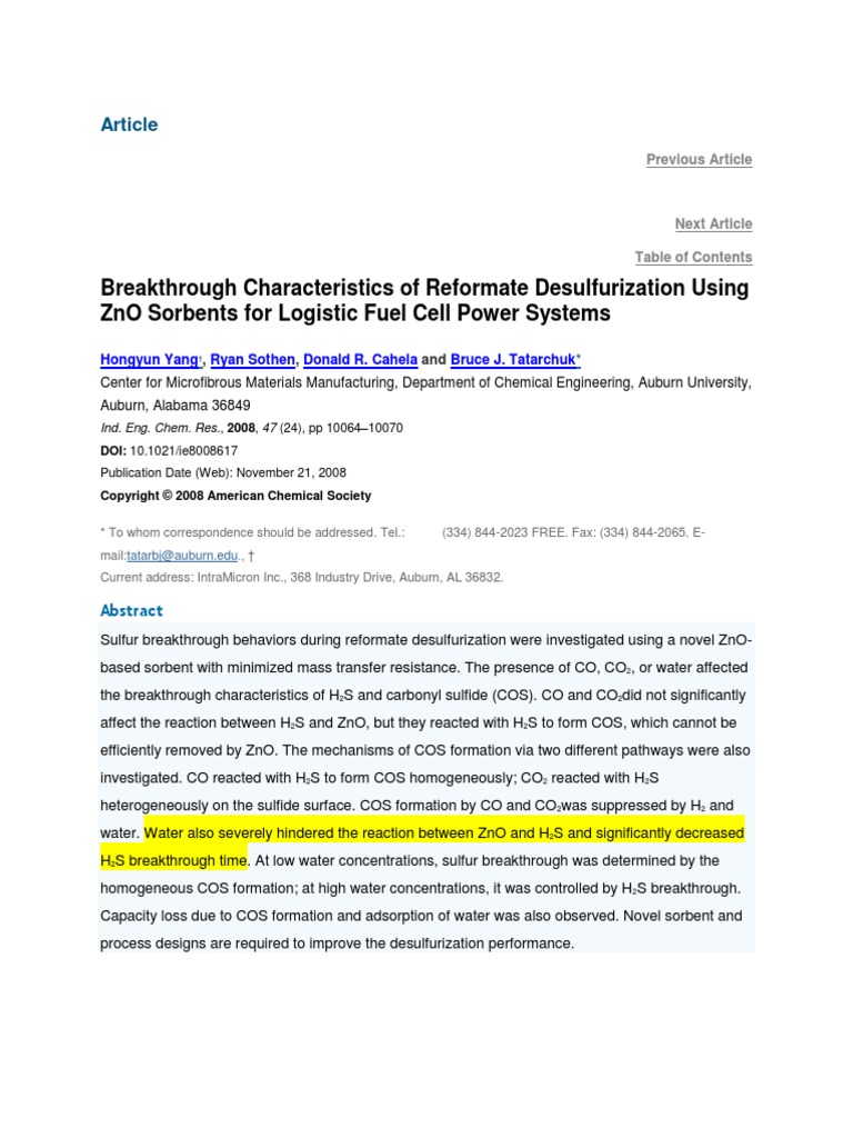 Absrtract of An Article On Zinc Oxide Based Desulfurization Catalyst. | PDF