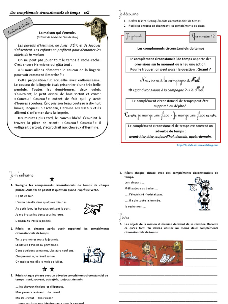 Les Compléments Ce2 Exercices Pdf Les Complements Circonstanciels de Temps | PDF | Style (fiction) |  Mécanique du langage