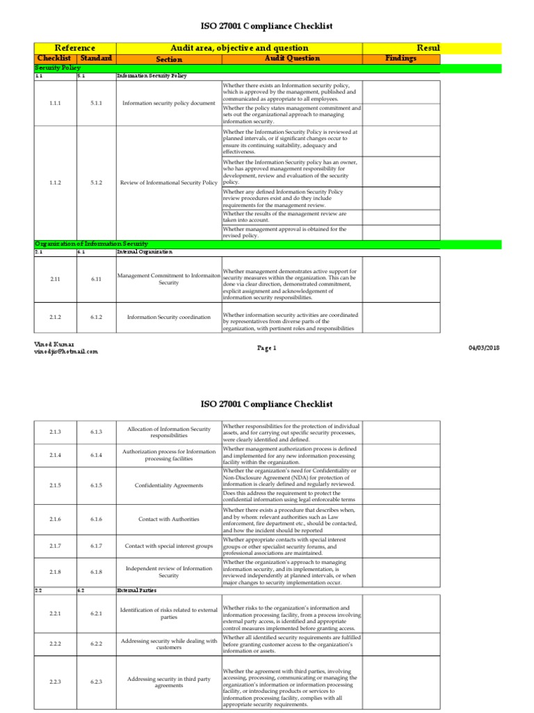 Iso 27001 Compliance Checklist Pdf Information Security Computer