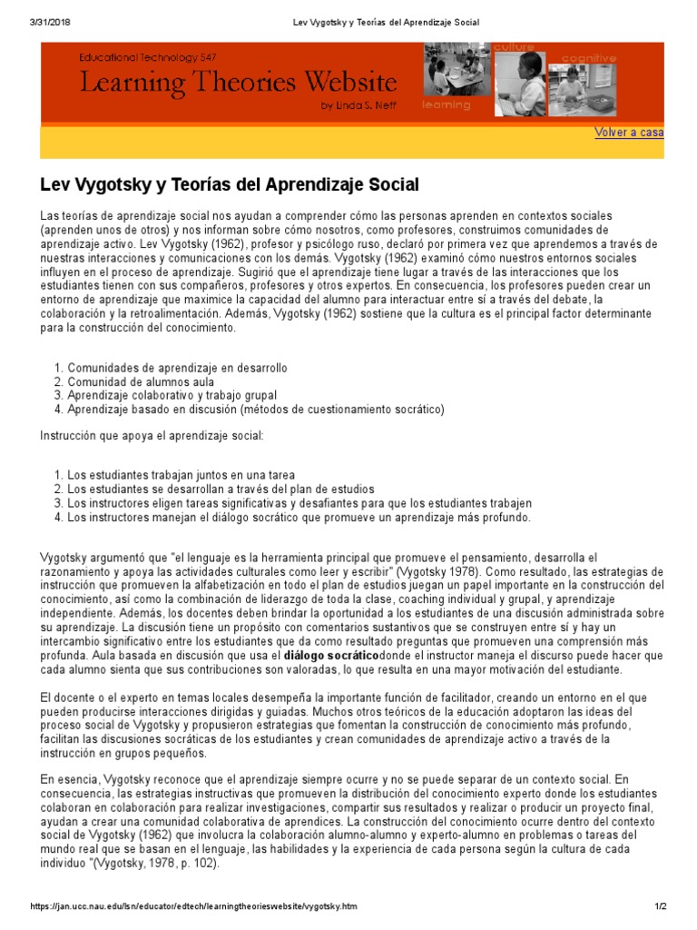 Teoría del Aprendizaje Social de Vygotsky | PDF | Teoría del ...