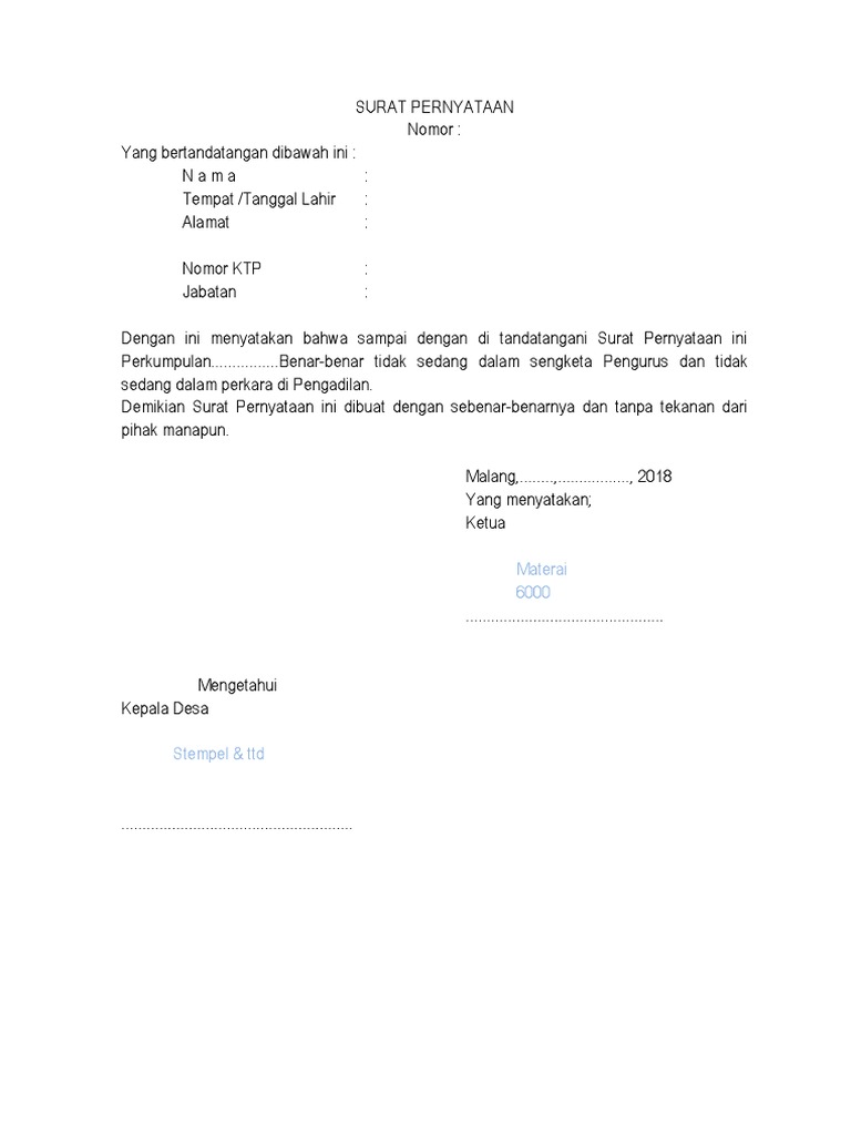 Contoh Surat Pernyataan Tidak Sengketa