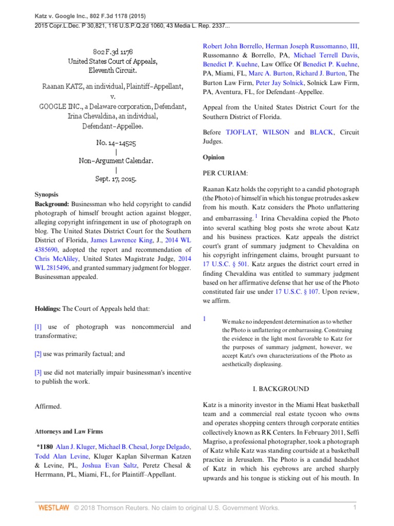 Katz v. Google Inc. Fair Use Summary Judgment