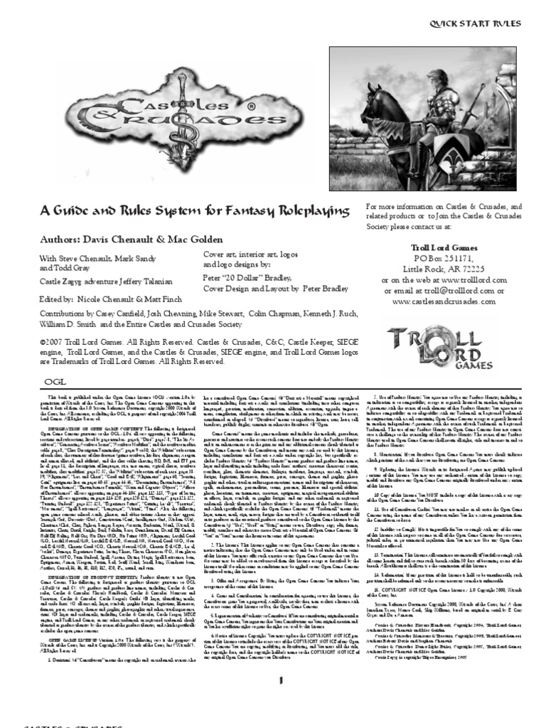 Castles & Crusades Quickstart Rules | PDF | Role Playing Games | Copyright