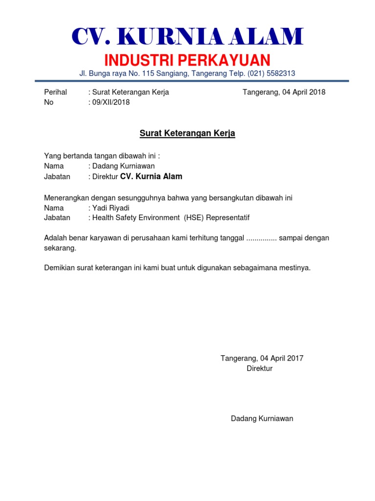 Surat Keterangan Kerja Om Yadi