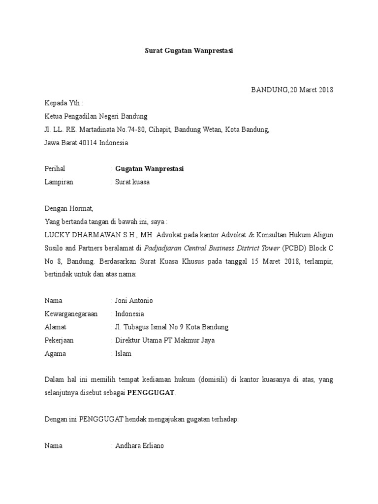 Surat Gugatan Wanprestasi