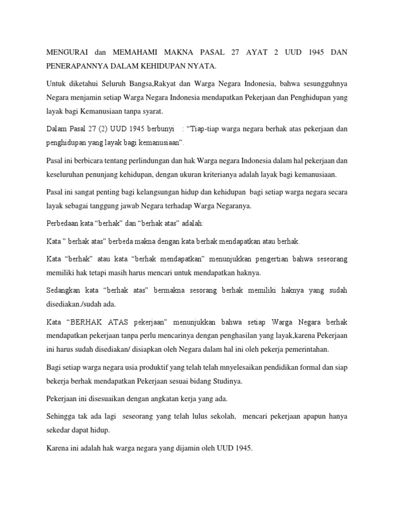 Mengurai Dan Memahami Makna Pasal 27 Ayat 2 Uud 1945 Dan Penerapannya