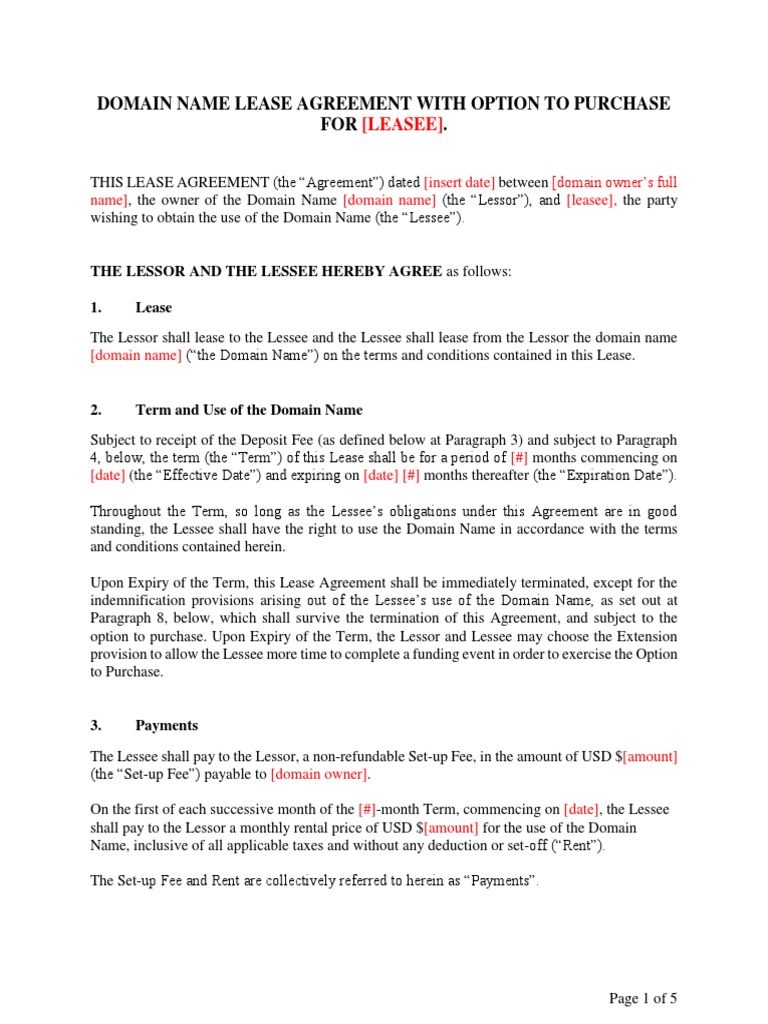 Domain Name Lease Agreement (4/3/18) PDF Lease Indemnity