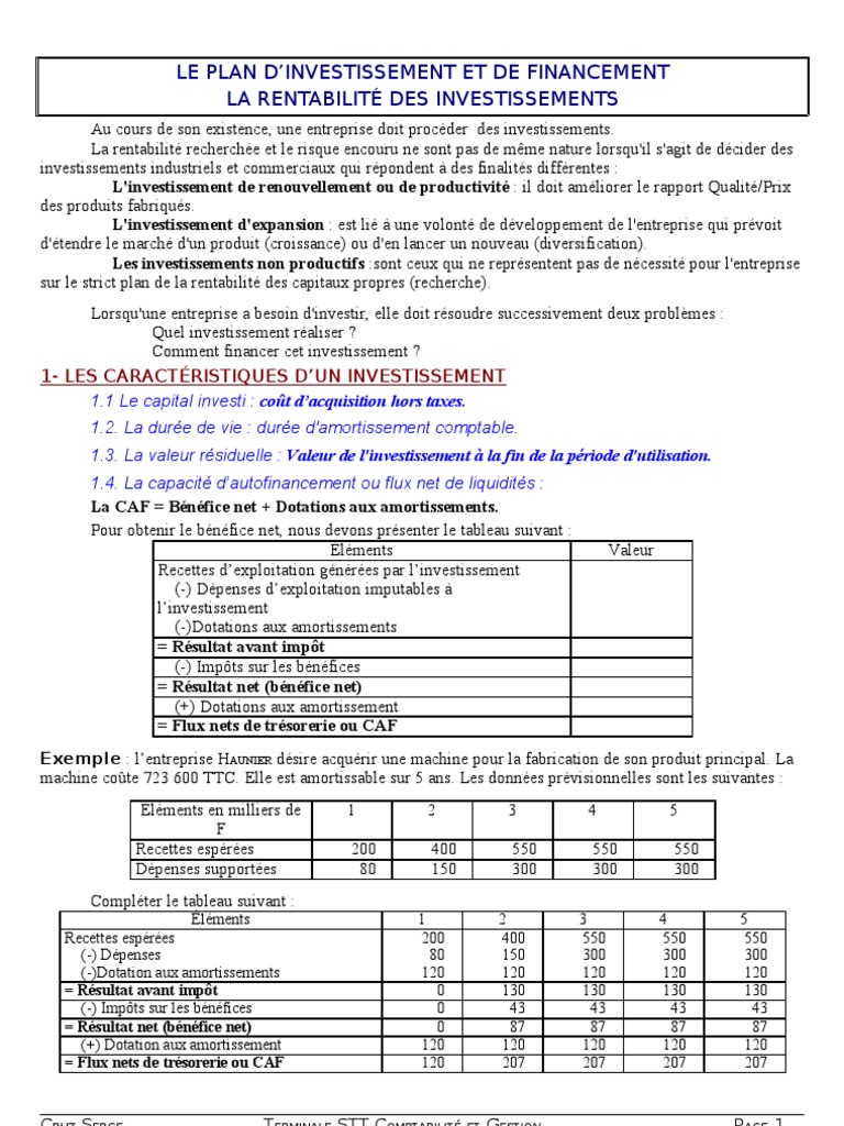 Le plan d’investissement et de financement  Dépréciation  Investir