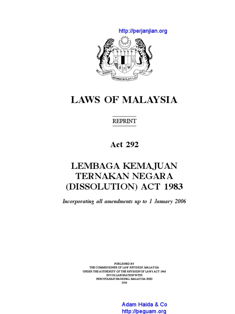 Act 292 Lembaga Kemajuan Ternakan Negara Dissolution Act 1983 Pdf Constitutional Law Justice