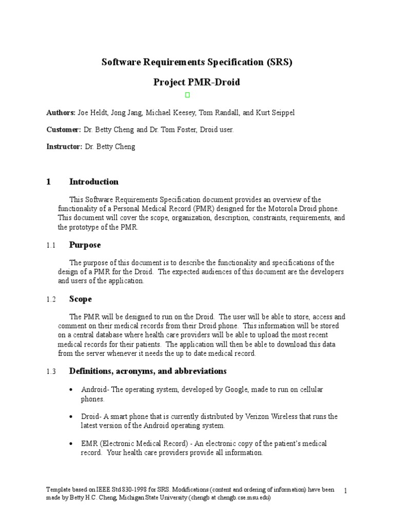Software Requirements Specification (SRS) Project PMR-Droid | PDF ...