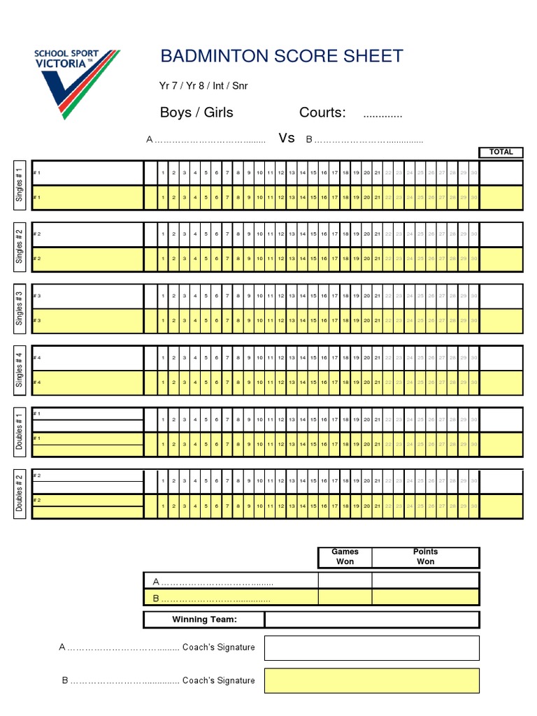 Badminton Score Sheet PDF Leisure Sports