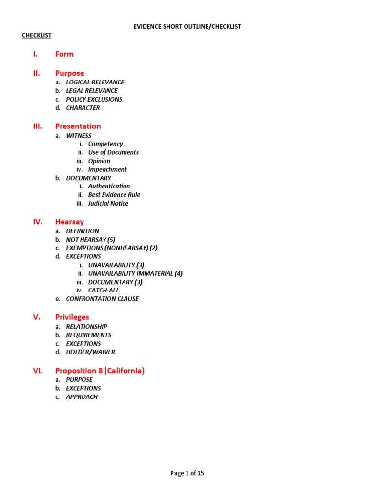 Evidence Outline and Checklist | PDF | Witness Impeachment | Witness
