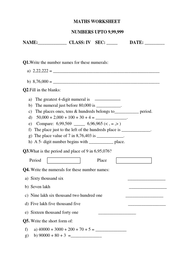revision worksheet 1 class 4 unit 1 pdf teaching mathematics