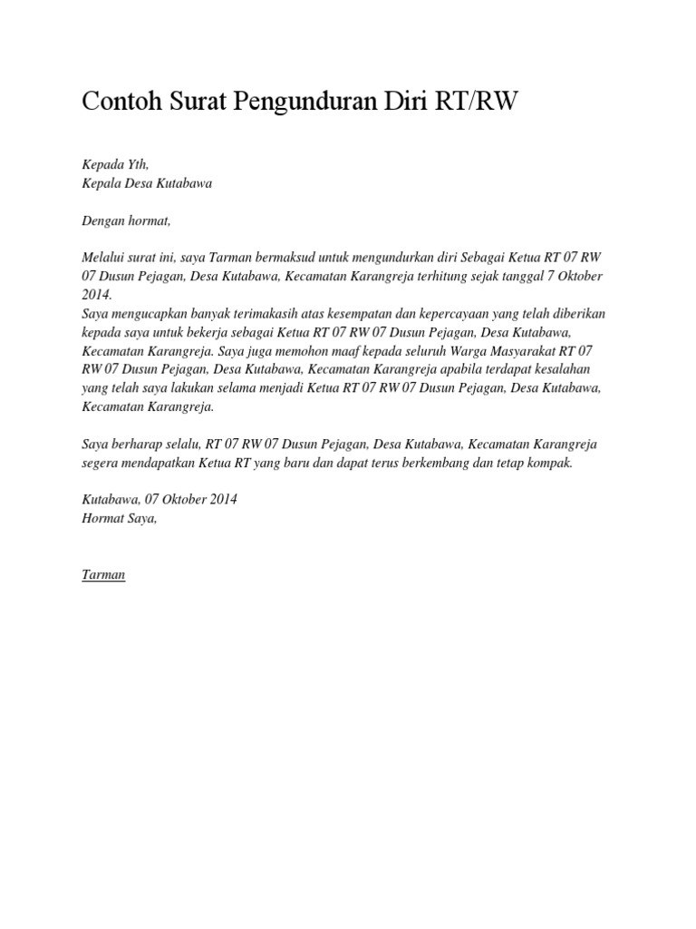 Contoh Surat Pengunduran Diri Rt Pdf
