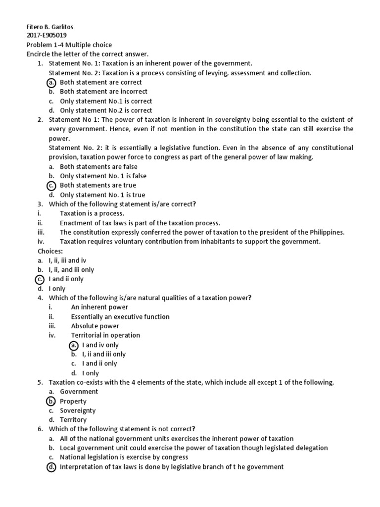 Taxation Concepts and Multiple Choice Questions | PDF | Double Taxation ...