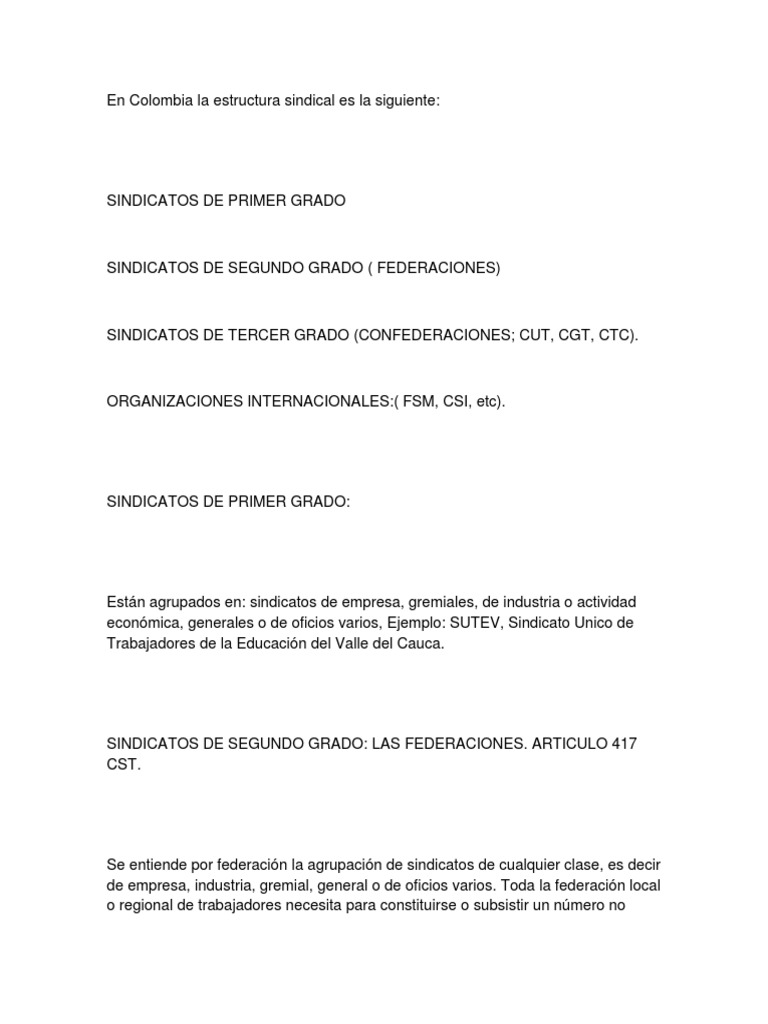 Estructura de Sindicatos en Colombia | PDF | Sindicato | Federación