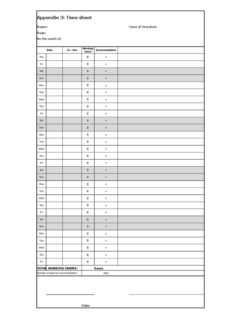 Appendix 3: Time Sheet: Project: Name of Consultant: Stage: For The ...